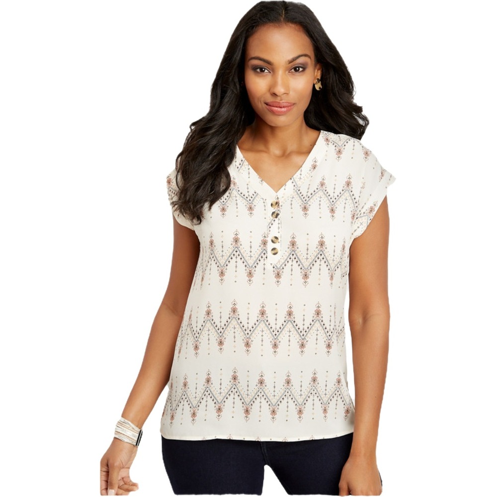 PLUS 2 2X XXL MAURICES cream brown black delicate print short sleeve v neck top